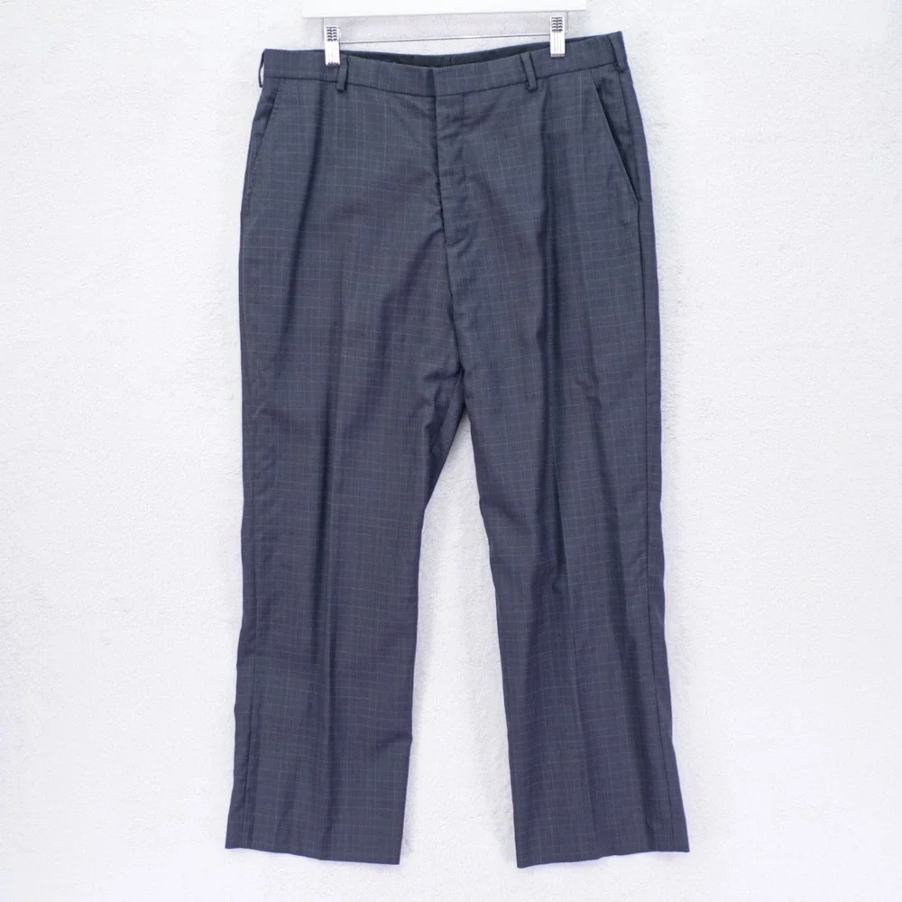 J. Crew Wool Blue / Gray Check Flat Front Dress Pants Trousers 36 / 29.5 High Ri